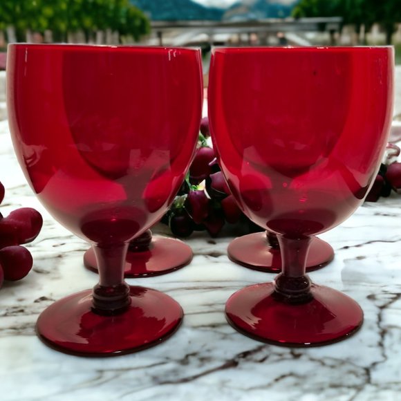 Ruby Red Wine Glass Set of 4 MCM Hand Blown Water/Wine Stemware Goblets - Picture 6 of 12